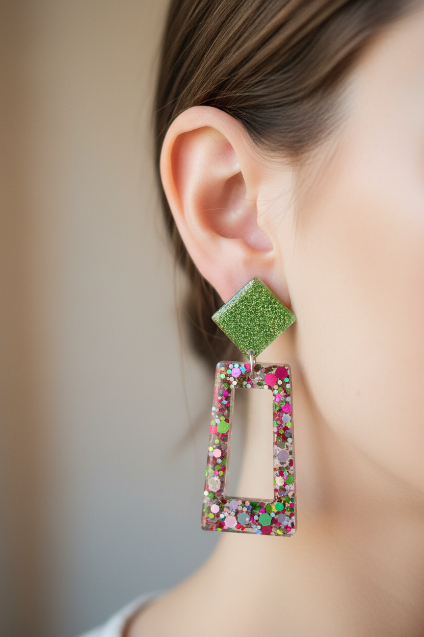 Boucles pendantes losange vert rectangle multicolore portées