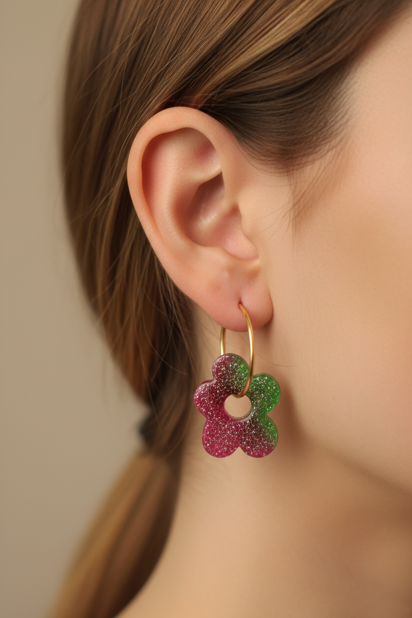 Pampilles Fleur Pailletée Rose & Vert – Accessoires créoles adultes