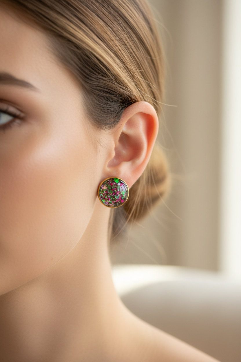 Boucles d'oreilles Puces Dôme Cabochon — Paillettes Holographiques Multicolores