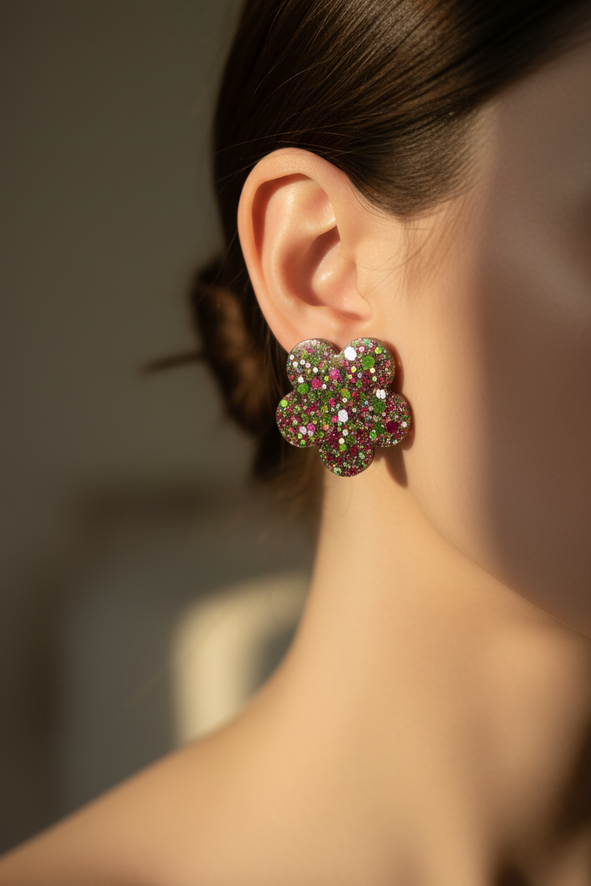 Boucles d'oreilles Puces Fleur 5 Pétales — Paillettes Multicolores