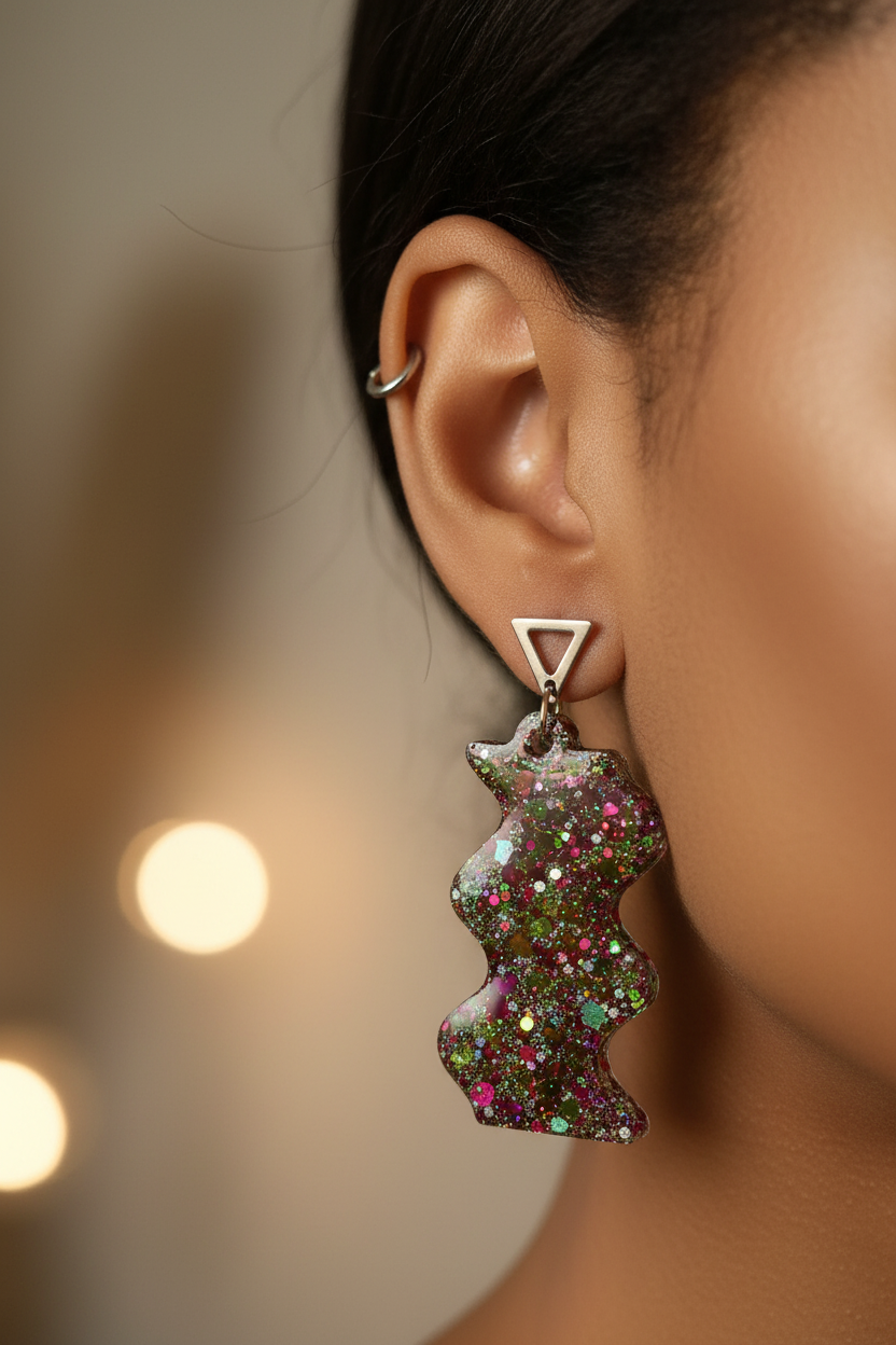 Boucles d'oreilles Silhouette & Triangle — Paillettes Multicolores