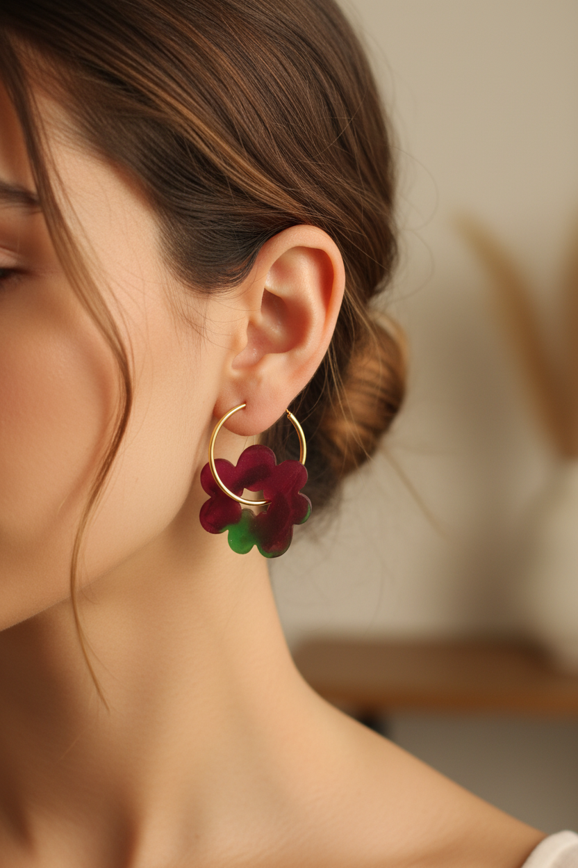 Pampilles Fleur Bordeaux & Vert – Accessoires créoles artisanaux