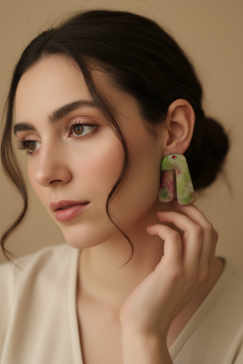 Boucles d'oreilles Arches Marbré Rose & Vert – Pièce unique artisanale