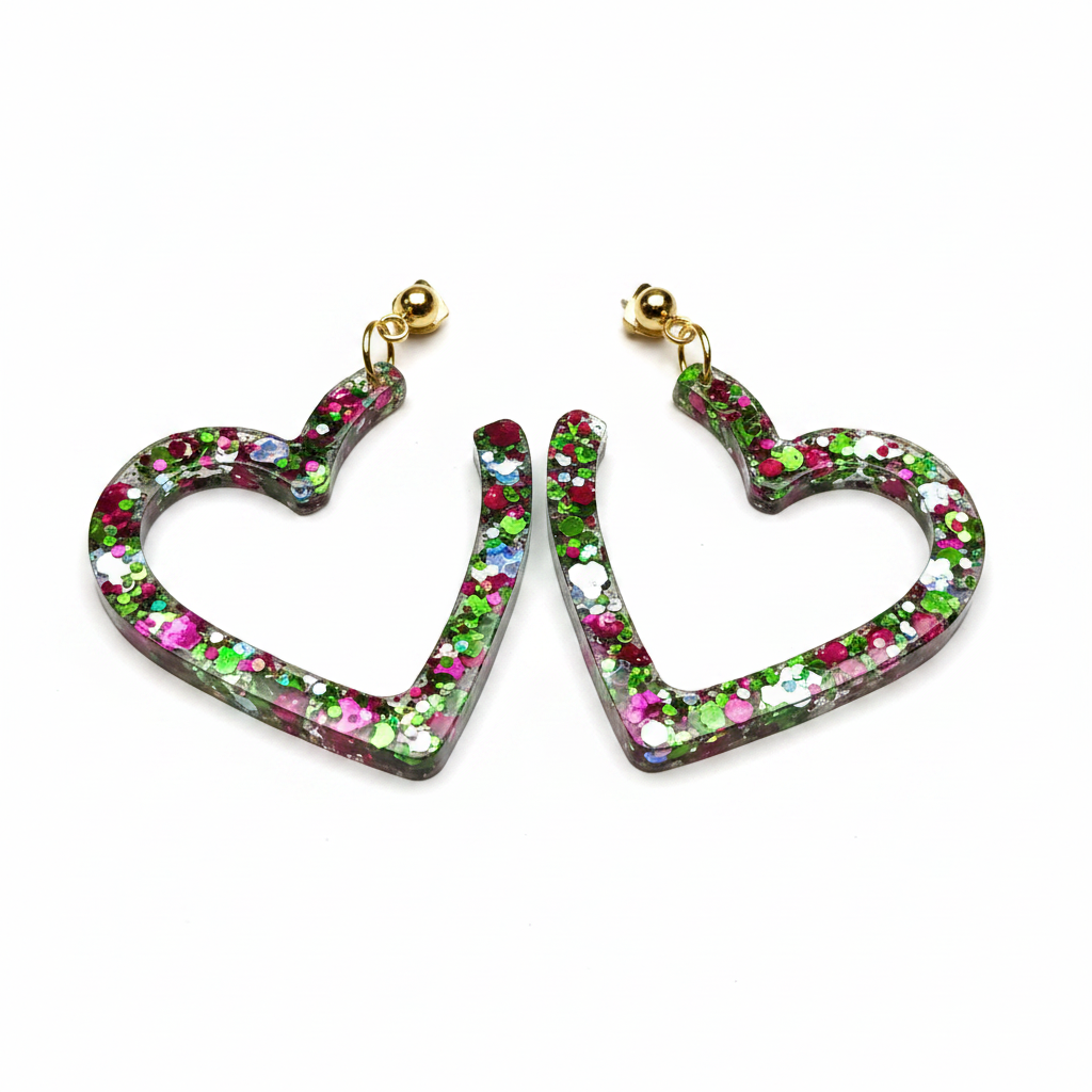 Boucles d'oreilles Pendantes Cœur Ouvert — Paillettes Multicolores & Puce Dorée