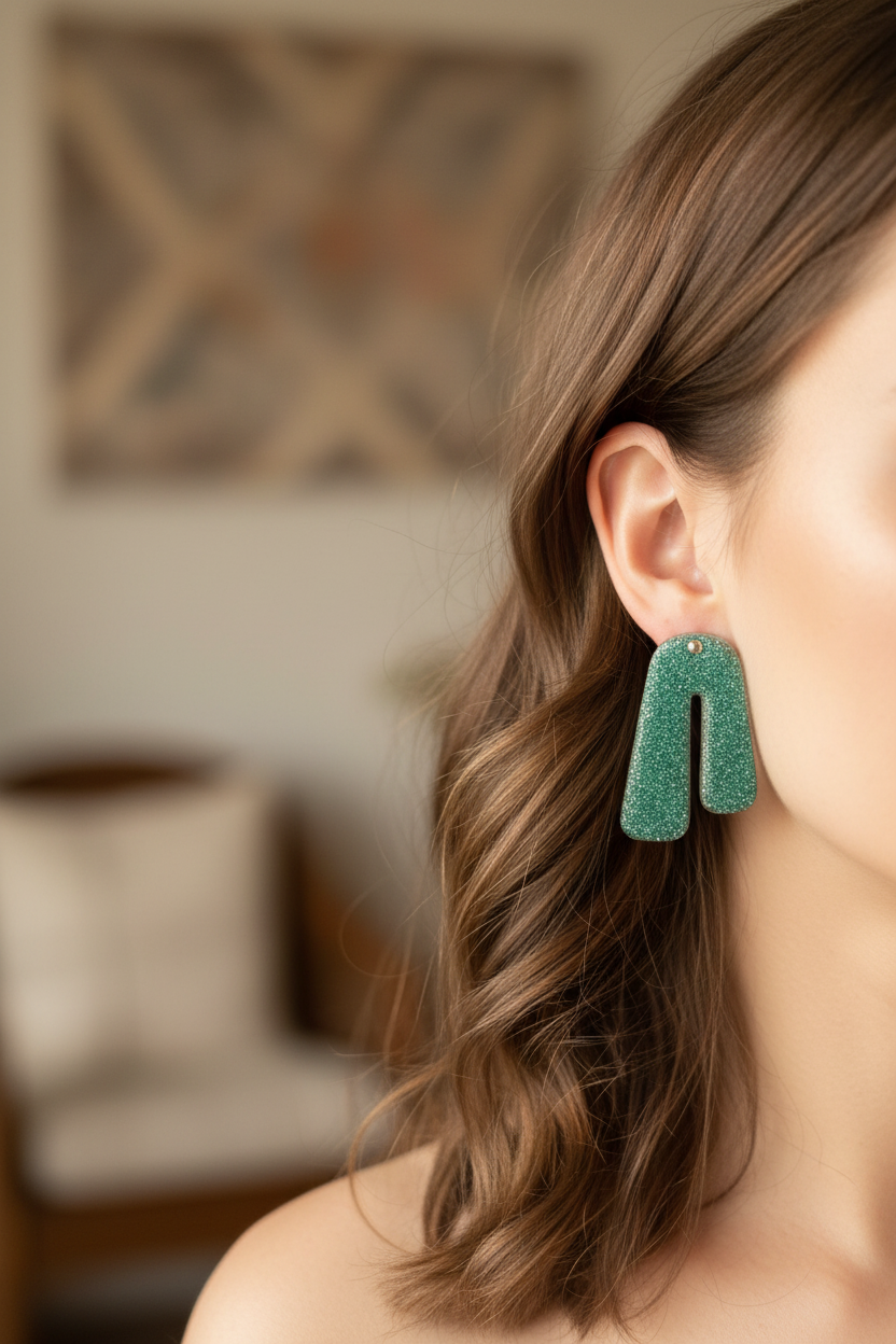 Boucles d'oreilles résine pailletée vert menthe — forme arche U, faites main