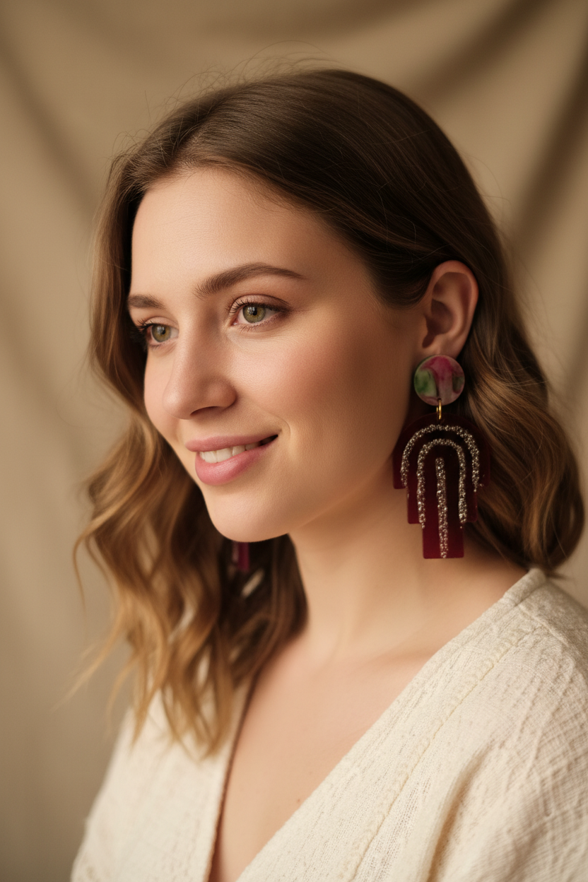 Boucles d'oreilles Arc Bordeaux Pailleté & Vert – Pièce unique artisanale