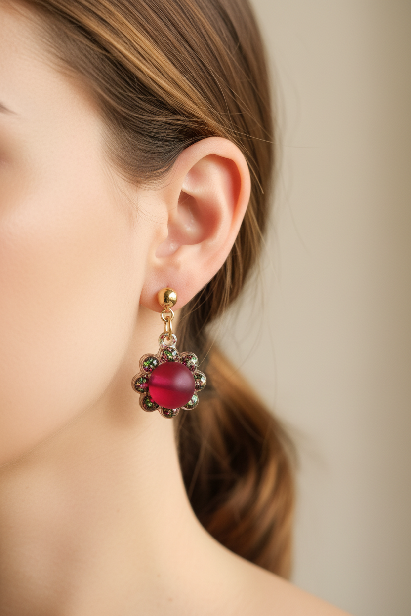 Boucles d'oreilles Pendantes Fleur & Perle de Verre Rouge — Strass Multicolores