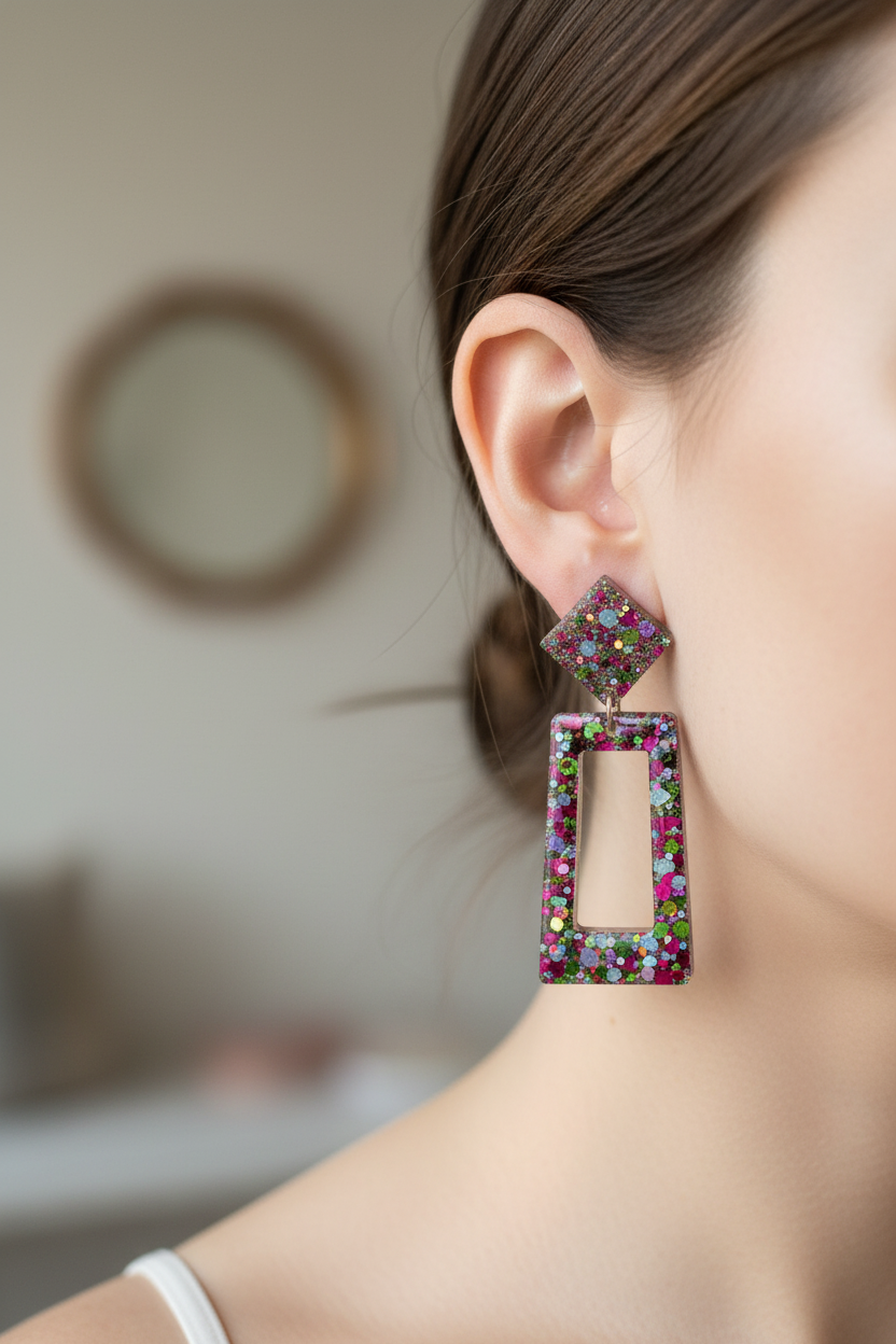 Boucles d'oreilles Pendantes Losange & Rectangle — Paillettes Multicolores
