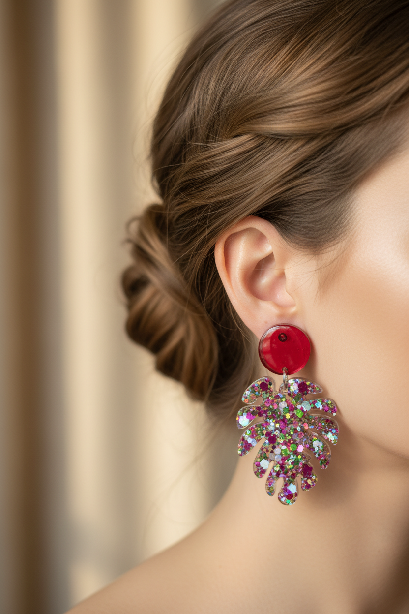 Boucles d'oreilles Pendantes Puce Rouge & Fleur — Paillettes Multicolores