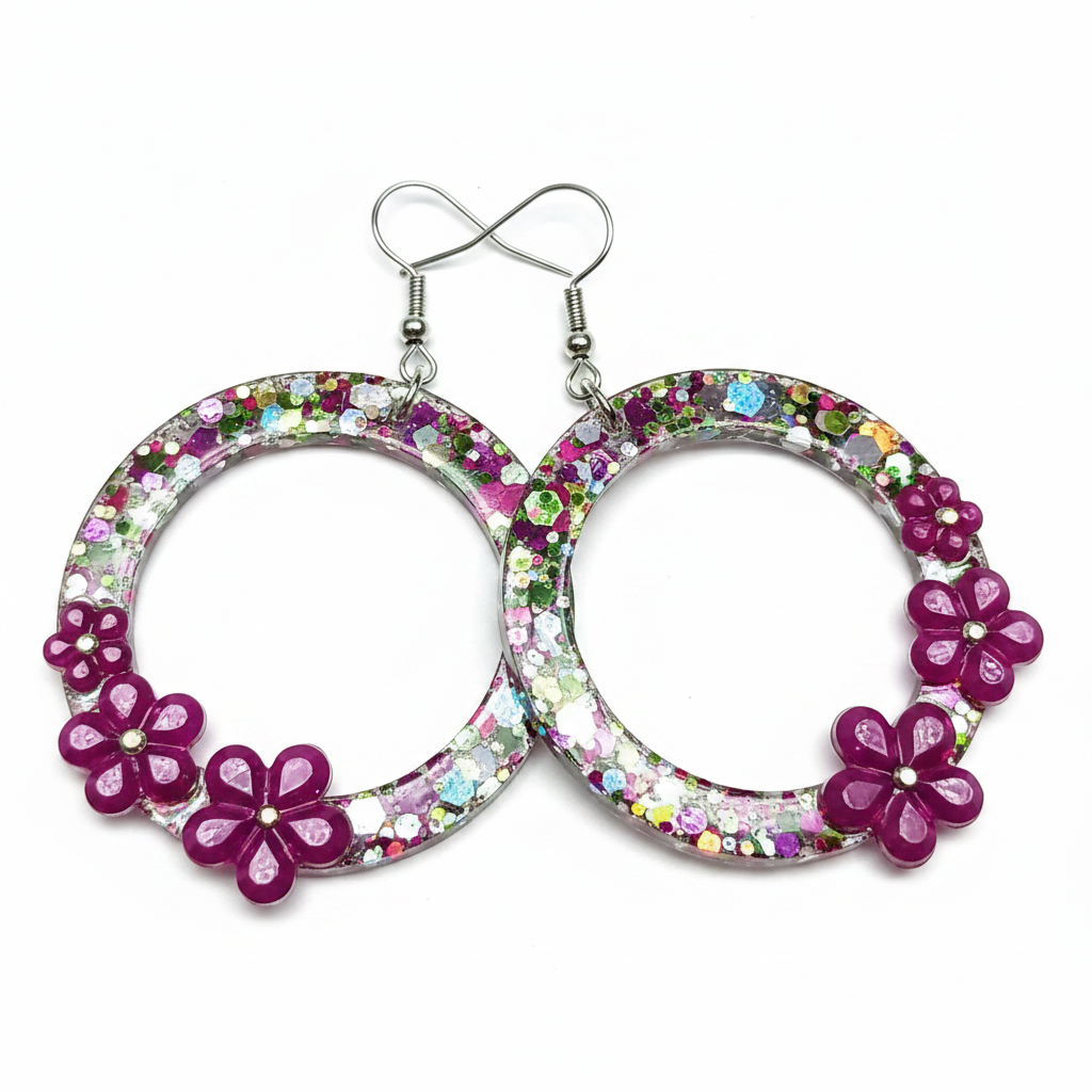 Boucles d'oreilles Créoles Rondes Paillettes & 3 Fleurs Fuchsia