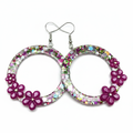 Boucles d'oreilles Créoles Rondes Paillettes & 3 Fleurs Fuchsia