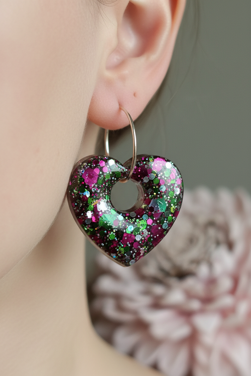 Boucles d oreilles Pampille Cœur Bombé Paillettes Multicolores — Pour Créoles