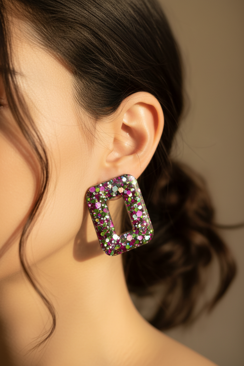 Boucles d'oreilles Puces Losange Cadre Ouvert — Paillettes Multicolores
