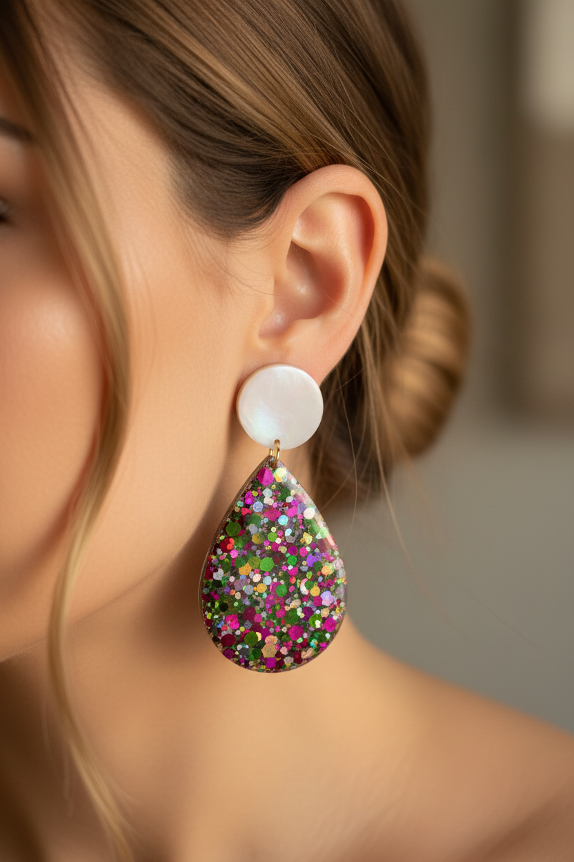 Boucles d'oreilles Pendantes Goutte — Puce Blanche & Paillettes Multicolores