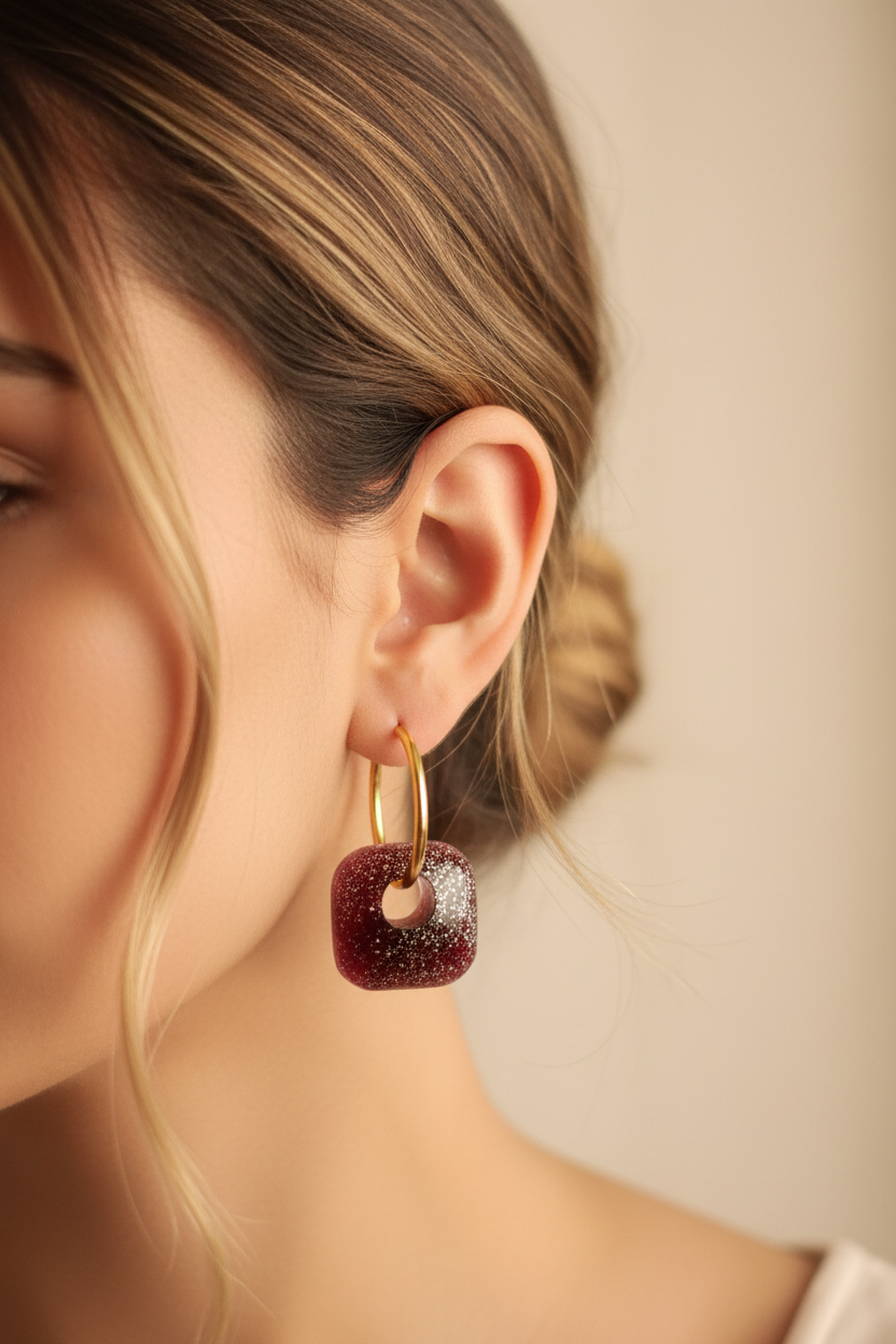 Pampilles Carrées Bordeaux Pailleté Doré – Accessoires créoles artisanaux