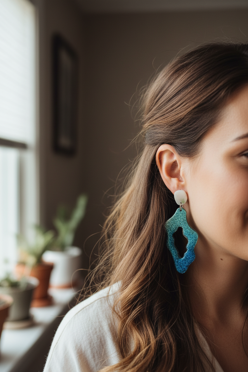 Boucles d'oreilles résine pailletée bleu turquoise — forme organique ajourée, faites main