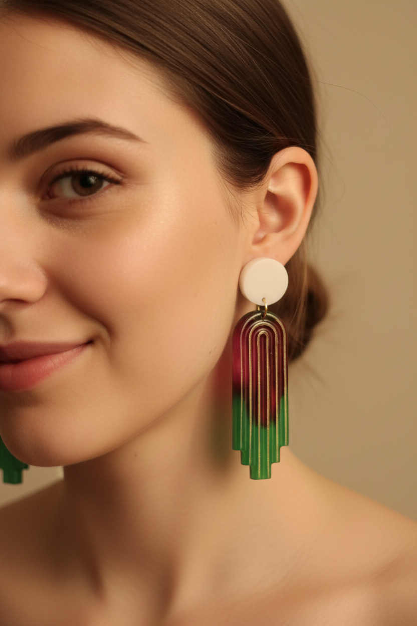 Boucles d'oreilles Art Déco Lignes Bordeaux & Vert – Pièce unique artisanale