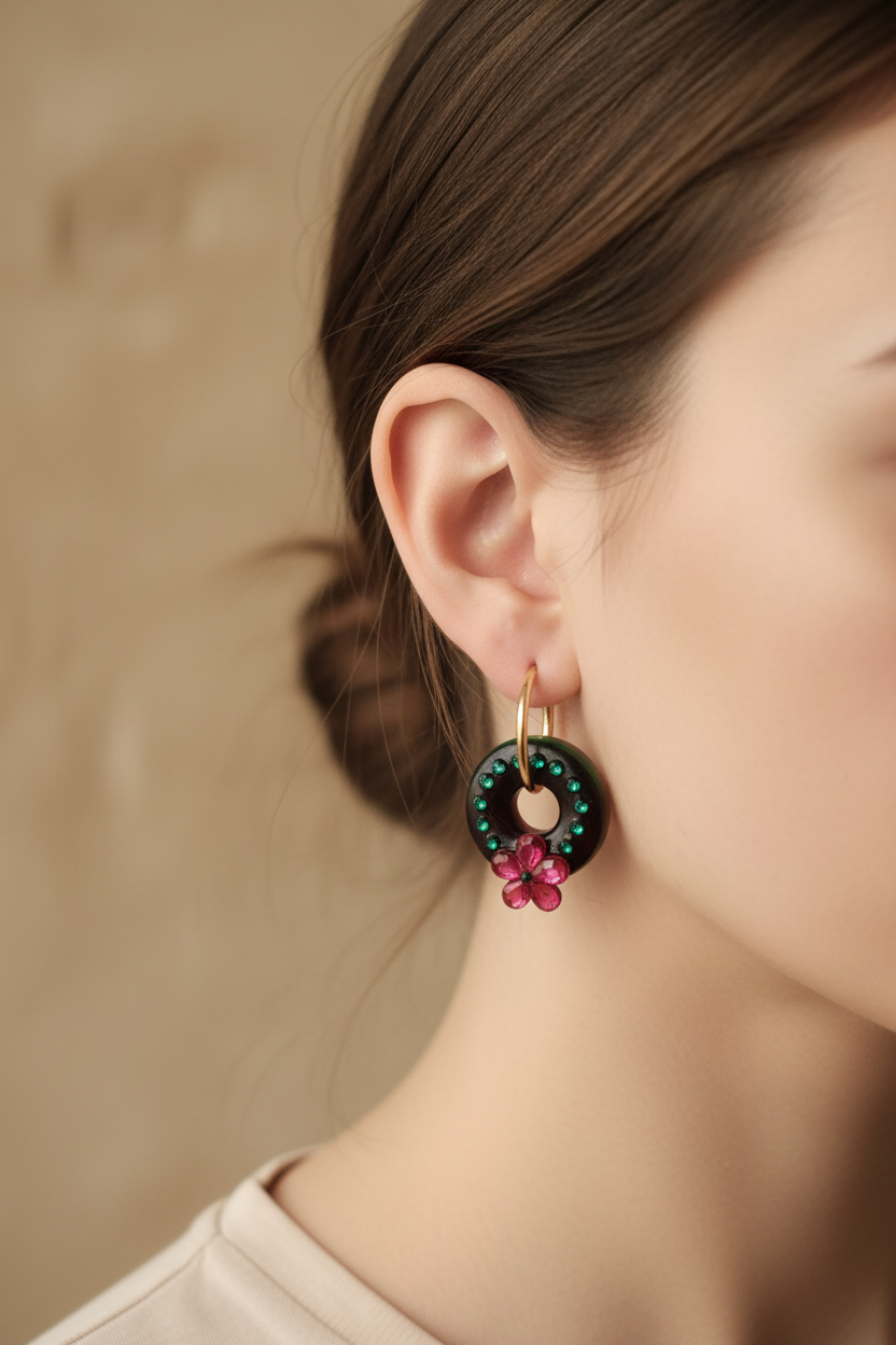 Pampilles Rondes Vert & Fleur Strass Bordeaux – Accessoires créoles artisanaux