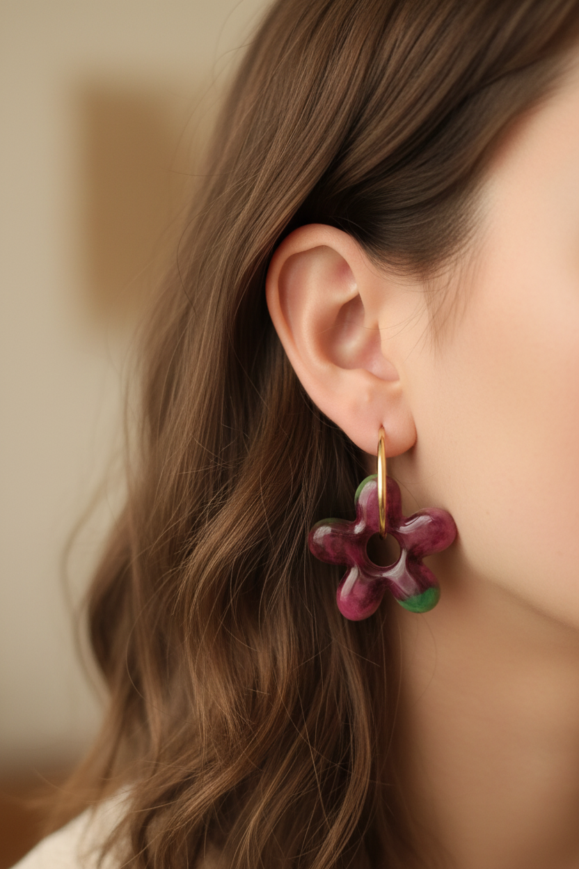Pampilles Fleur Marbrée Bordeaux, Rose & Vert – Accessoires créoles artisanaux