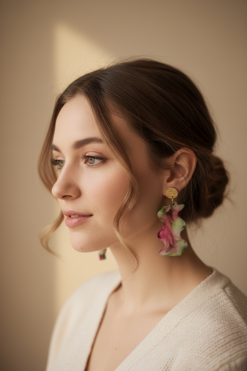 Boucles d'oreilles Vagues Marbré Rose & Vert – Pièce unique artisanale