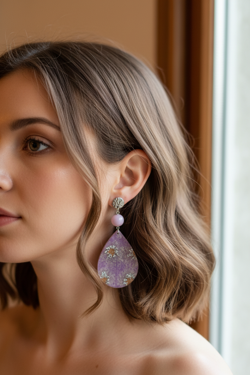 Boucles d'oreilles goutte résine marbrée mauve — fleurs argentées & perle rose