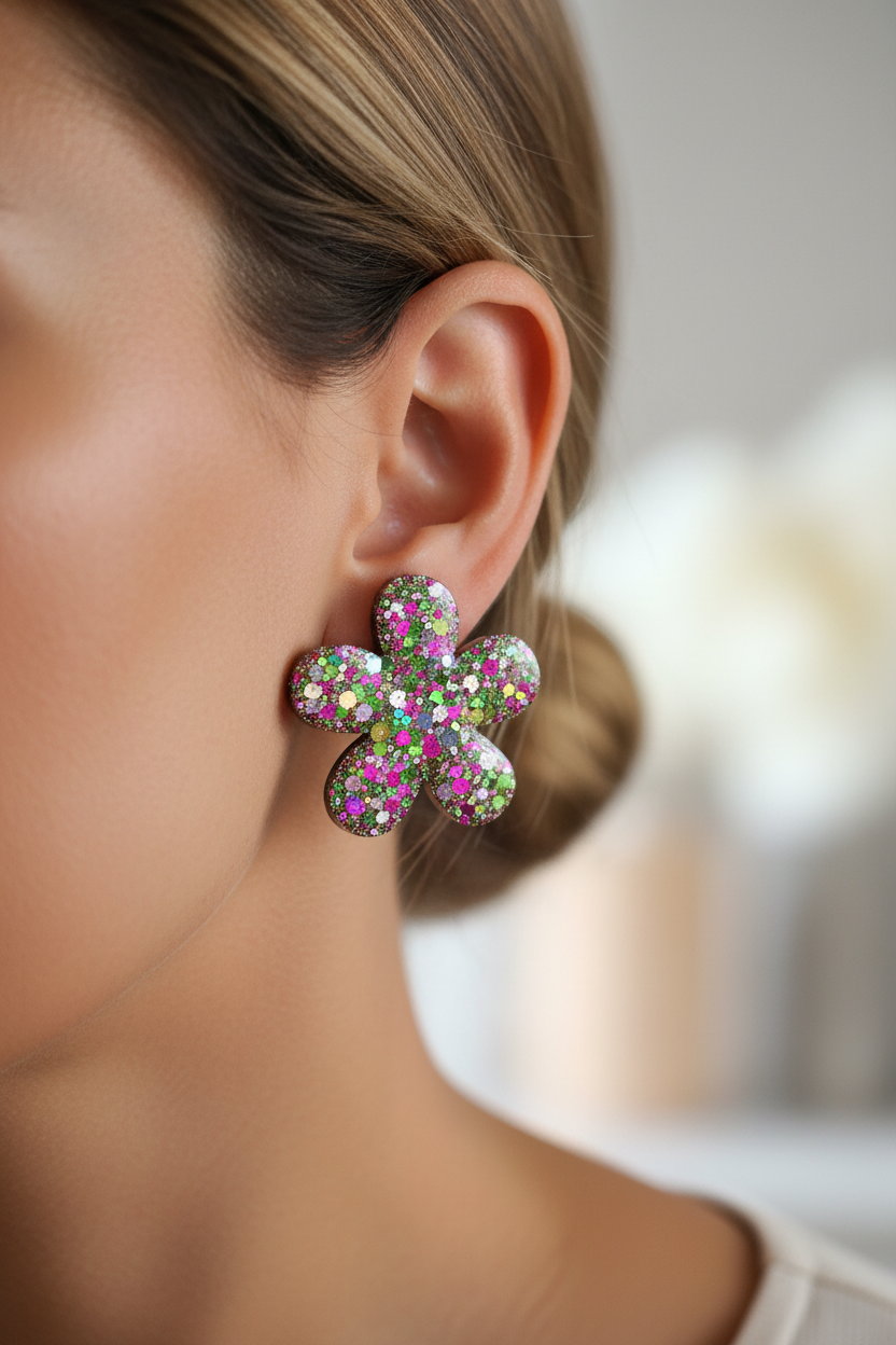 Boucles d'oreilles Puces Fleur — Paillettes Multicolores Fête