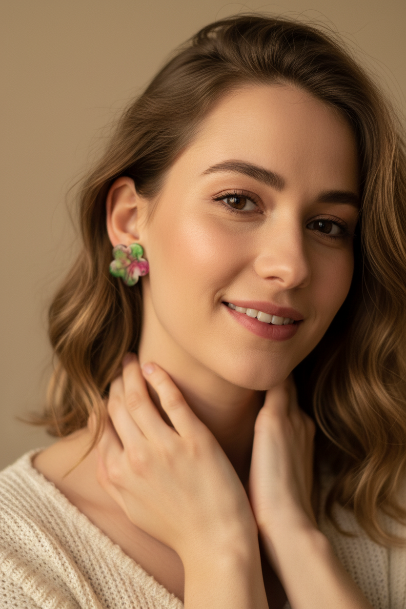 Boucles d'oreilles Fleurs Marbré Rose & Vert – Pièce unique artisanale