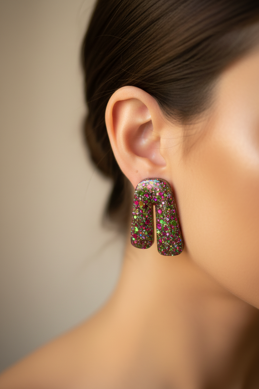 Boucles d'oreilles Puces Rectangle Arrondi — Paillettes Multicolores
