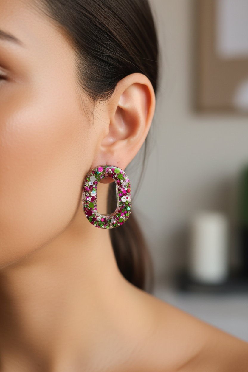 Boucles d'oreilles Puces Cercle — Paillettes Multicolores Festives