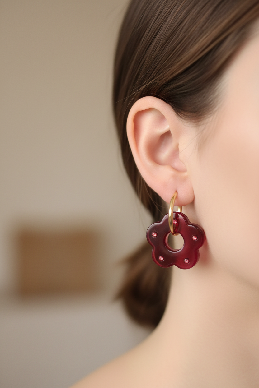 Pampilles Fleur Bordeaux Strass – Accessoires créoles artisanaux