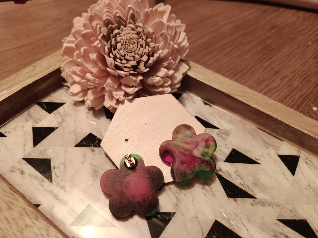Boucles d'oreilles Fleurs Marbré Rose & Vert – Pièce unique artisanale