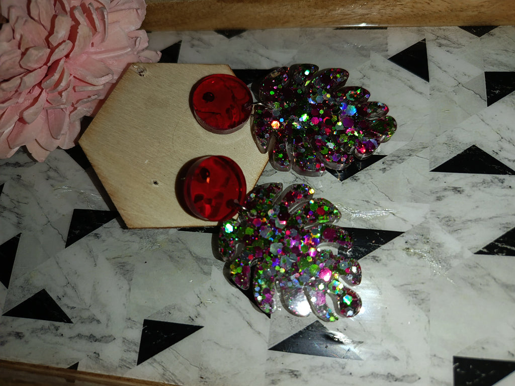 Boucles d'oreilles Pendantes Puce Rouge & Fleur — Paillettes Multicolores