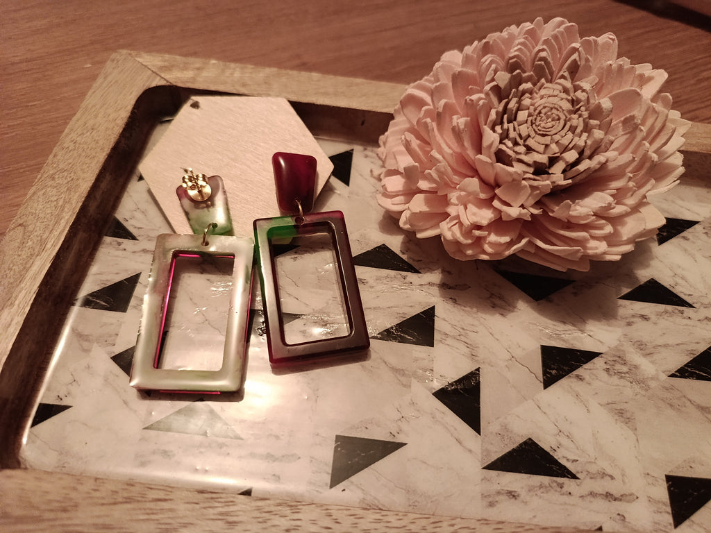 Boucles d'oreilles Rectangles Bordeaux & Vert – Pièce unique artisanale