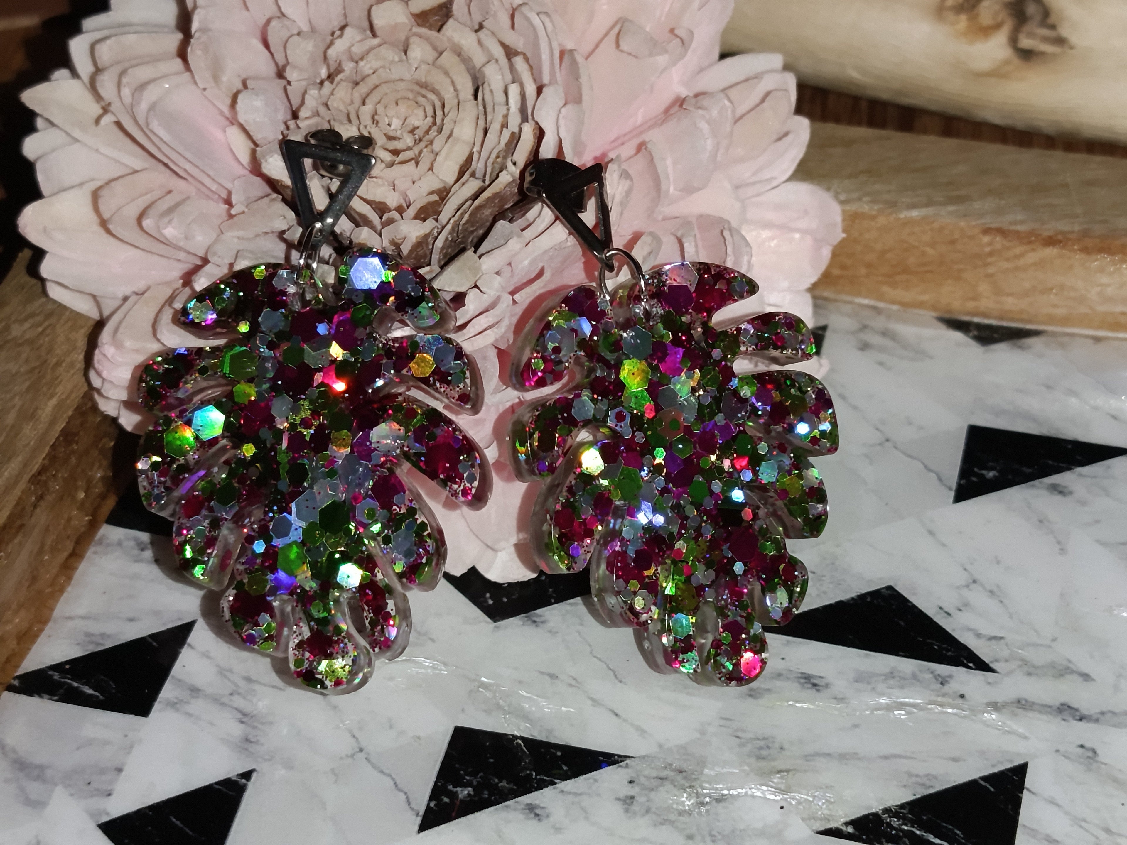 Boucles d'oreilles Feuille Tropicale & Triangle — Paillettes Multicolores