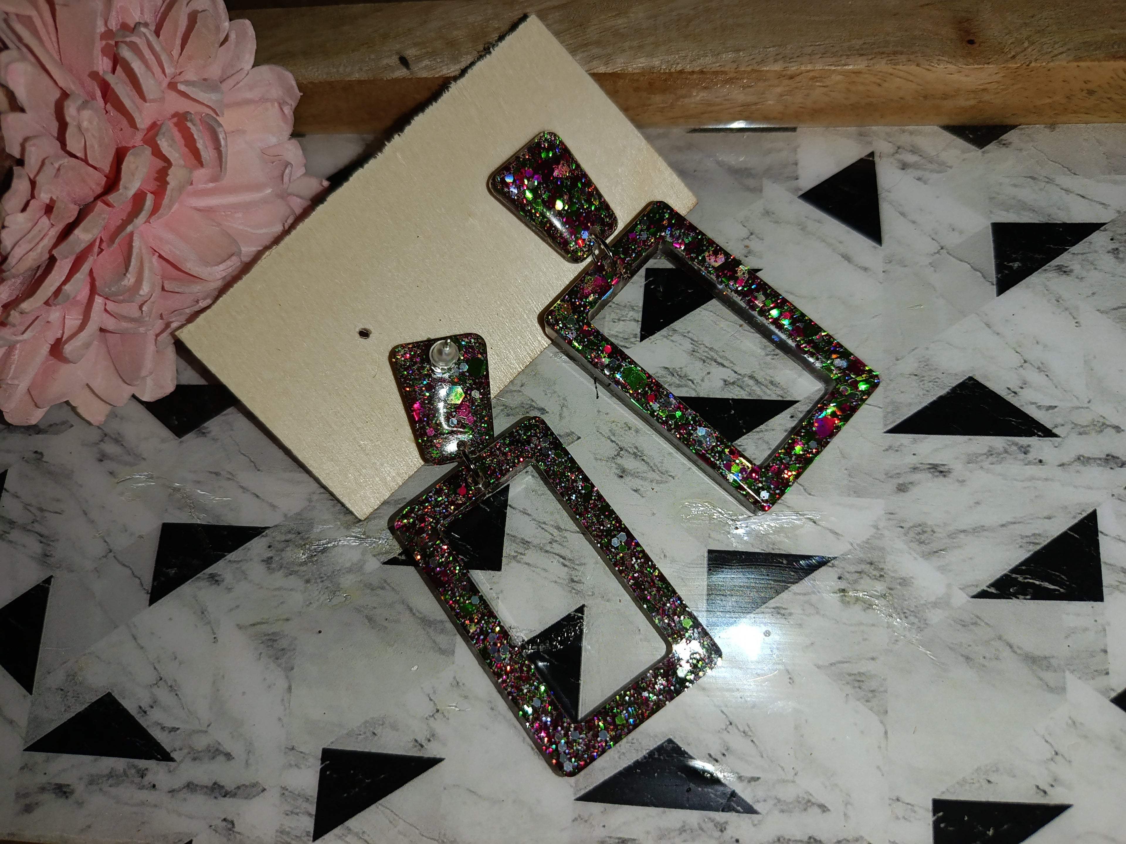 Boucles d'oreilles Pendantes Carré & Cadre Rectangle — Paillettes Multicolores
