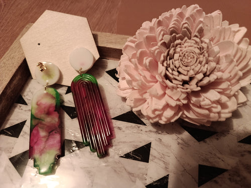 Boucles d'oreilles Art Déco Lignes Bordeaux & Vert – Pièce unique artisanale