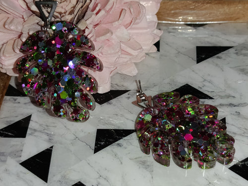 Boucles d'oreilles Feuille Tropicale & Triangle — Paillettes Multicolores