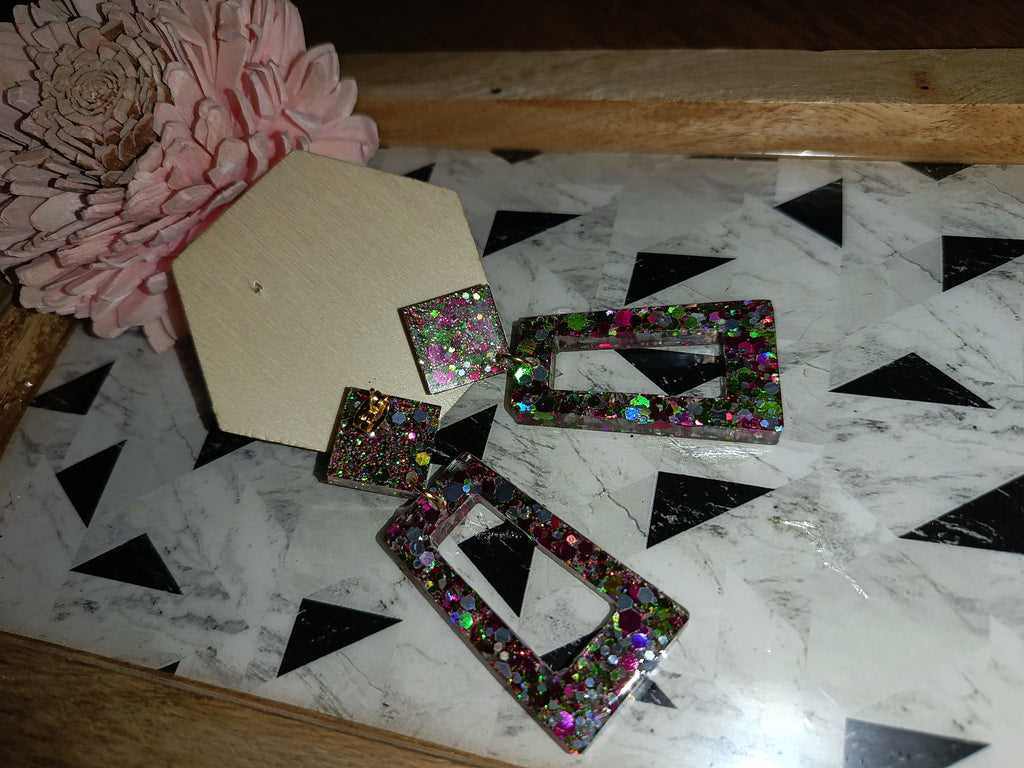 Boucles d'oreilles Pendantes Losange & Rectangle — Paillettes Multicolores