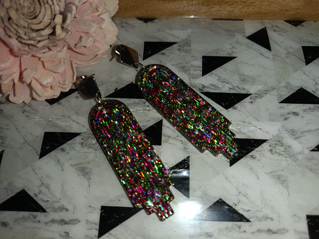 Boucles d'oreilles Pendantes Arcade — Paillettes Holographiques Multicolores