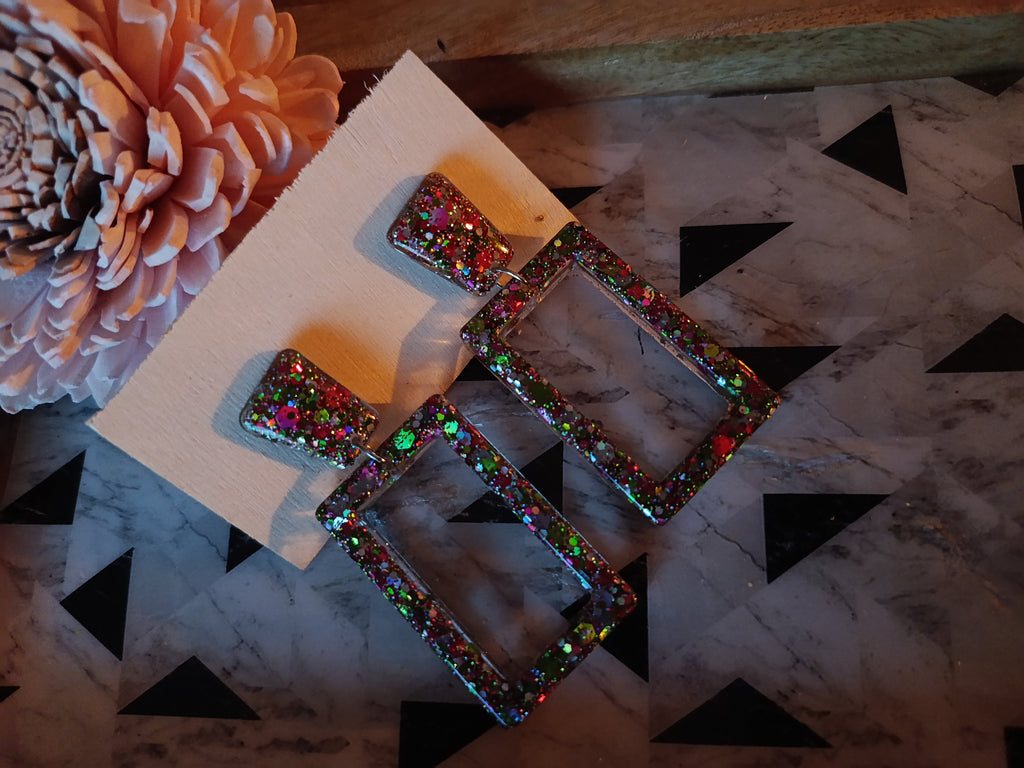 Boucles d'oreilles Pendantes Carré & Cadre Rectangle — Paillettes Multicolores